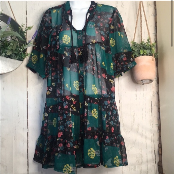 Love stitch patchwork floral overlay babydoll tunic dress in green black. Size S - Picture 1 of 7